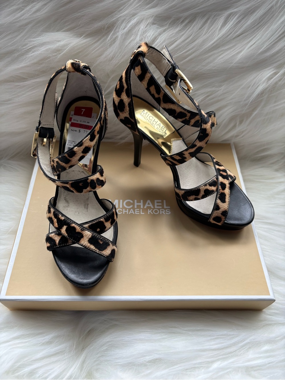 MICHAEL KORS EVIE PLATFORM in natural printed hair calf. NWT and with box.